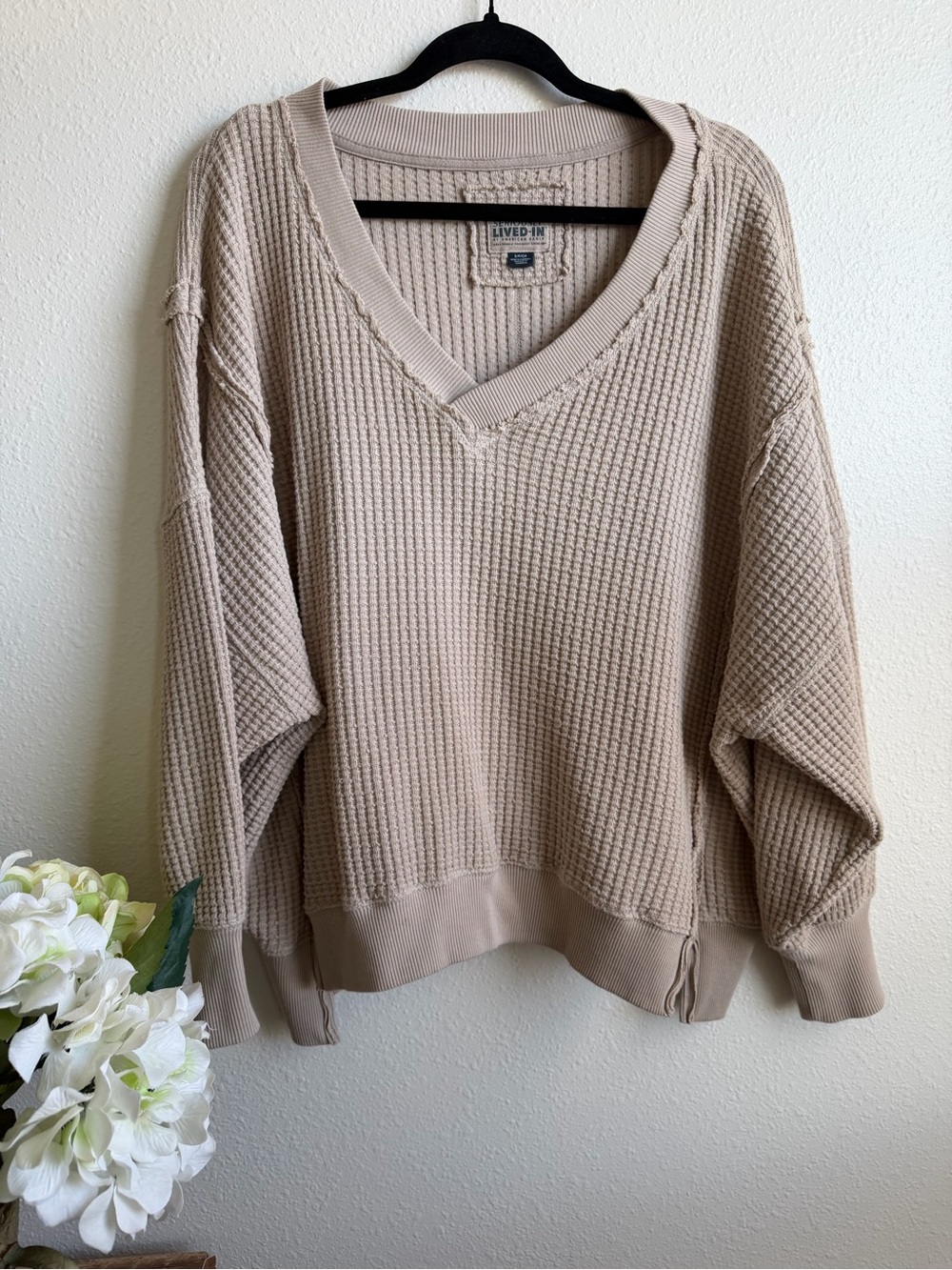 American Eagle Outfitters Oversized Taupe V-Neck Waffle Knit Sweater